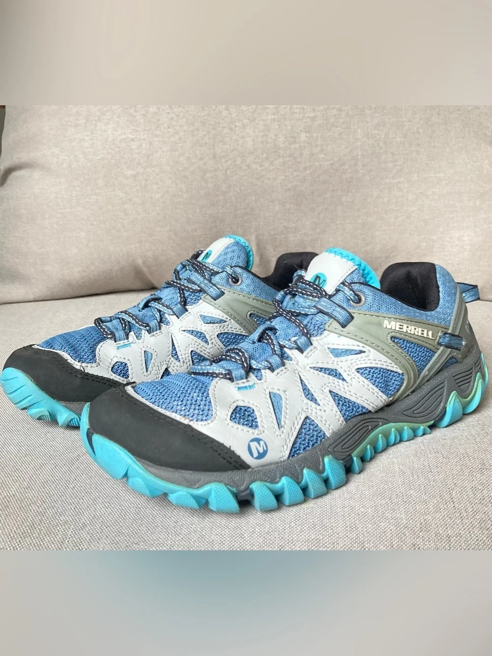 Merrell All Out Blaze Aero Sport Hiking Trail Shoes Vibram Blue Heaven Women’s 8